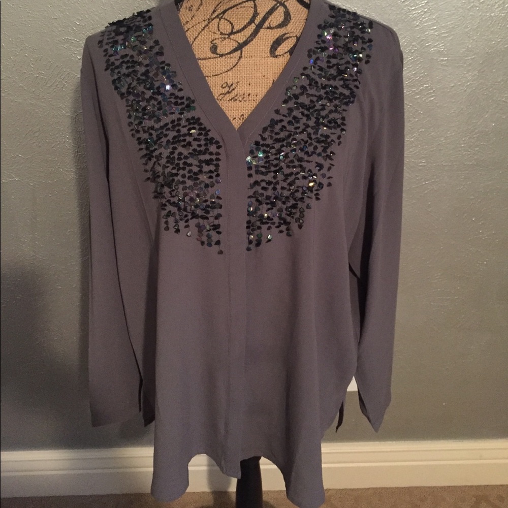 Chico’s gray button up shirt with sequins
